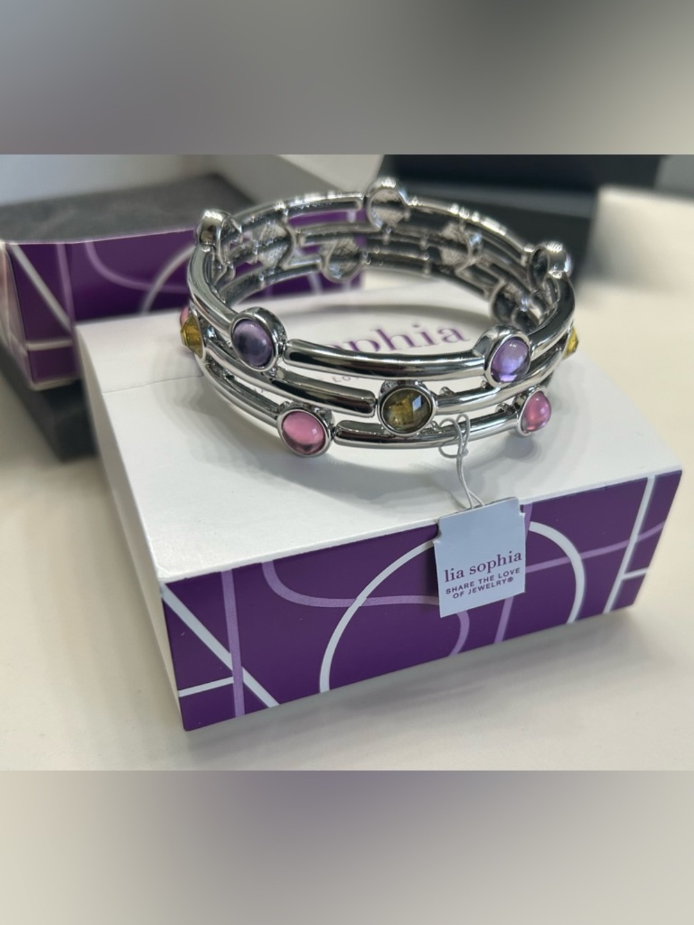 Lia Sophia Silver-Tone Stretch Bracelet with Pink, Purple & Yellow Stones